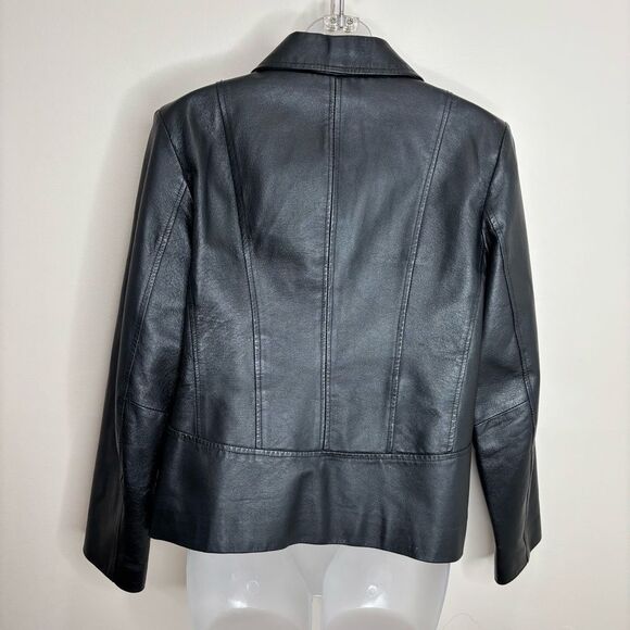 Vintage 100% leather jacket zip up black animal print lining 90s Y2K small goth - Picture 2 of 7